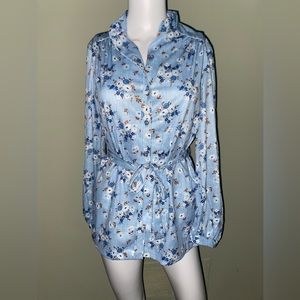 Vintage Button Flower Shirt, Blue, Brown, White Tie at Waist, Vintage Size 13/14